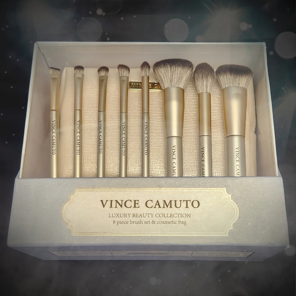 Vince Camuto Champagne Makeup Bag with 8 Piece Gold Handled Brush Set NIB